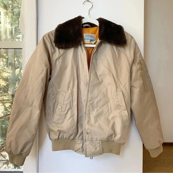 Vintage Sears Bomber Jacket Coat Work Lesirue Fur Collar Tan Brown Oversized - Picture 1 of 13